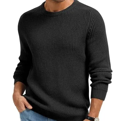 Imuedaen Herren Rundhals Pullover Basic Strickpullover Langarm Winterpullover (Schwarz, L)