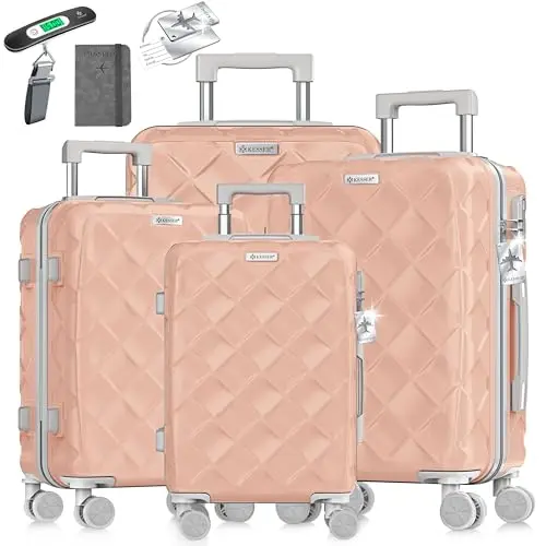 KESSER® Reisekoffer Set 4-teilig mit Zahlenschloss, Kofferwaage & Brieftasche – 360° Rollen, Handgepäck & großer Koffer, Nude Grey