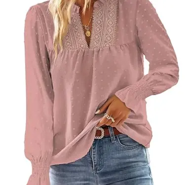 TUUHAW Damen Boho Langarm Bluse Tunika Elegant V-Ausschnitt Rosa