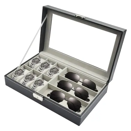 ADERTOS Uhrenbox für 6 Uhren, schwarzer Uhrenkoffer mit Glasdeckel, herausnehmbare Samt-Uhrenkissen & Brillenhalter
