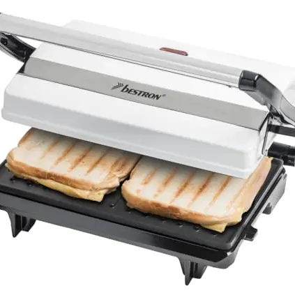 Bestron Kontaktgrill Sandwichmaker mit Cool-Touch-Griff und Antihaftbeschichtung, 700 Watt, Weiß