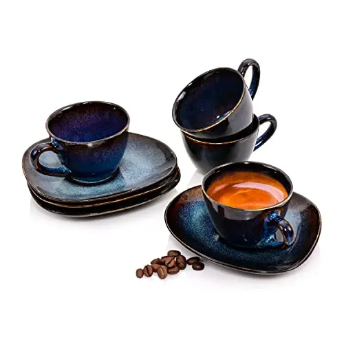 Sänger Espressotassen Set Tokio, 8-tlg. für 4 Personen, Spülmaschinenfeste Steingut-Tassen in Blau-Schwarz mit braunen Akzenten
