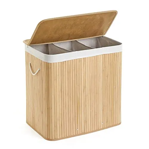 Mondeer Wäschekorb mit Deckel, 150L Wäschesammler aus Bambus, 3 Fächer, waschbares Futter, für Waschküche & Schlafzimmer