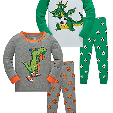 LOLPIP Jungen Pyjama Set 4-teilig, Langarm, 100% Baumwolle, Dinosaurier, für Kleinkinder, 6 Jahre
