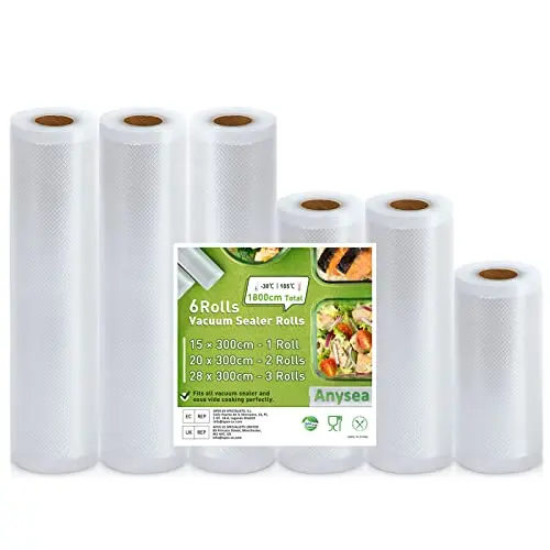 Anysea Vakuumierbeutel für Lebensmittel, 6 Rollen (15x1/20x2/28x3/300cm), BPA-frei, ideal für Sous Vide