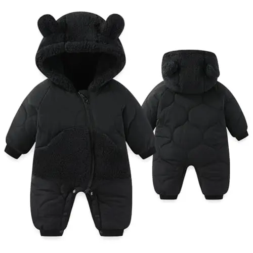 JiAmy Baby Winter Schneeanzug, Overall mit Plüschkapuze für Neugeborene, Langarm Winterstrampler für 6-9 Monate