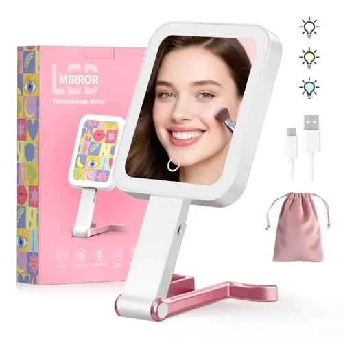 Beleuchteter Kosmetikspiegel mit Touchscreen, tragbar & faltbar, 3 Farblichter, dimmbar, ideal für Reisen
