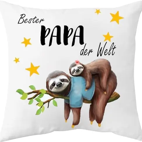 Geschenk für Papa: Faultier Kissenbezug mit Spruch 'Bester Papa der Welt' 45x45cm