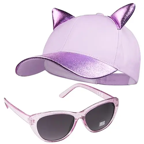 CityComfort Baseball Cap Set für Kinder, 2er Set Snapback mit Ohren und Sonnenbrille - Geschenke für Mädchen (Lila)