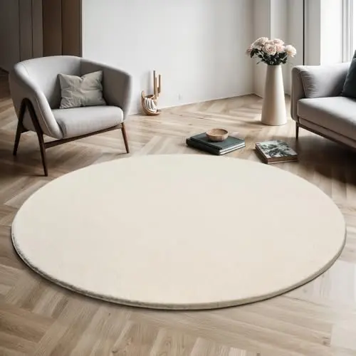 Relax Moderner Flauschiger Kurzflor Teppich, Waschbar, Super Soft, Beige, 160 cm Rund