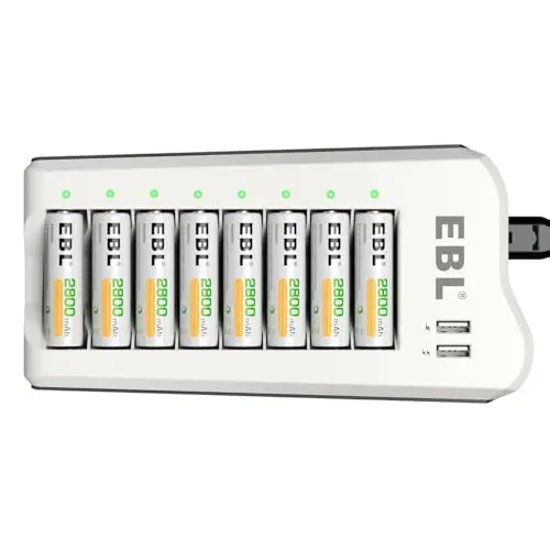 EBL Akku Ladegerät mit 8 AA 2800mAh Akkus - 2 USB Ports, Multischutz, LED Anzeige
