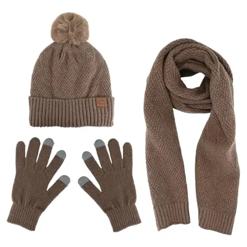 3-teiliges Winter Set: Mütze, Schal und Handschuhe - Weiche Strickmütze mit Pompom, langer Schal und Touchscreen-Handschuhe (Khaki)