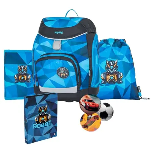 OXY BAG Schulranzen 5-teilig Robot & ergonomischer Schulrucksack mit Federmappe, Turnbeutel, austauschbaren Patches, reflektierende Schultasche für 1.-3. Klasse