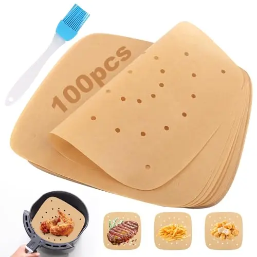 TNOMSNO Backpapier für Heißluftfritteuse, 100 Stück, antihaftbeschichtet, 23x23 cm