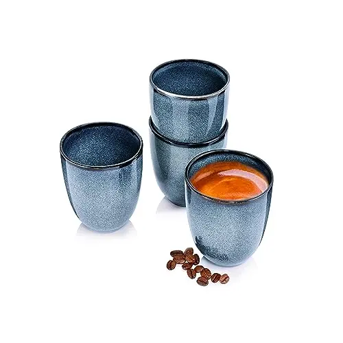 Sänger Tasse ohne Henkel, 4-tlg. Kaffeebecher Set für 4 Personen, Handmade Steingut, Blau, 180 ml | PREMIUM COLLECTION