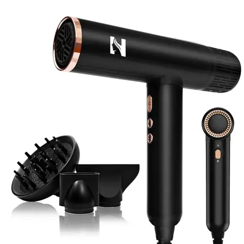 NICEBAY Haartrockner mit Diffusor, 1900W, Hochdrehzahl-Motor, 4 Temperatur- & 3 Luftstufen, leicht & leise – Schwarz/Gold