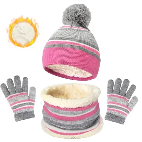 MUNSKT Kinder Strickmütze Set mit Schal und Handschuhen, Fleece, Rosa, 3 Teile, für Jungen und Mädchen