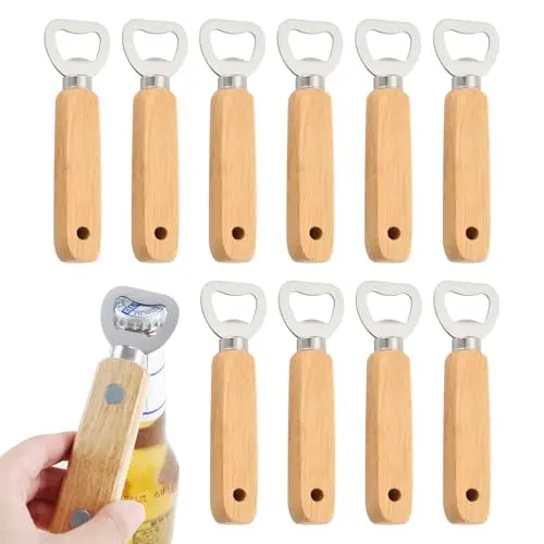 10er Set Holz Flaschenöffner - Tragbarer Bieröffner mit Holzgriff für Zuhause und Outdoor