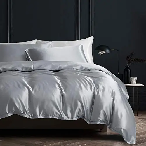 Boqingzhu Satin Bettwäsche Set 200x220cm Grau mit Reißverschluss und 2 Kissenbezügen 80x80cm