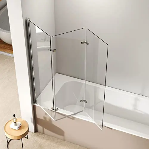 EMKE Faltbare Duschwand für Badewanne 130x140cm, 3-teilig aus 6mm Sicherheitsglas
