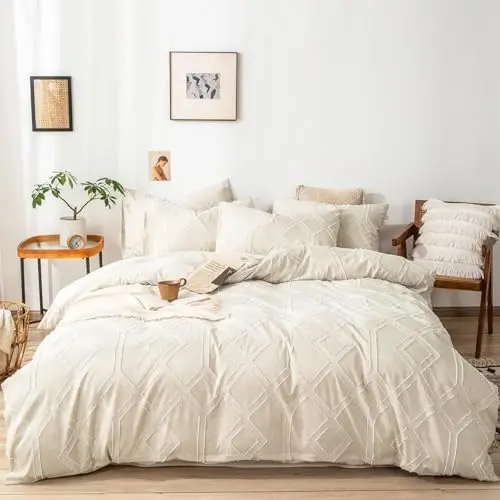Lanqinglv Beige Bettwäsche 155x220cm Boho Chic mit Reißverschluss und Kissenbezügen 80x80cm