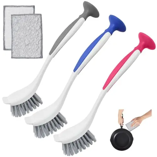 Vijixka Spülbürste Set mit 2 Geschirrtüchern und Saugnapf - 26cm Küchenbürsten für Geschirr und Töpfe