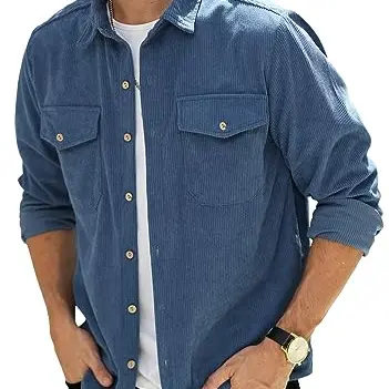 Herrenhemd mit Knopfleiste, Cord im Jackenstil, Freizeithemd mit Brusttasche, Blau, M-3XL, XL