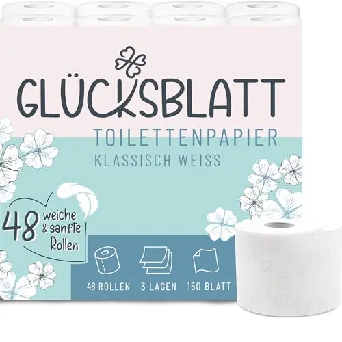 Glücksblatt Toilettenpapier 3-lagig, 48 Rollen à 150 Blatt, weich und umweltfreundlich