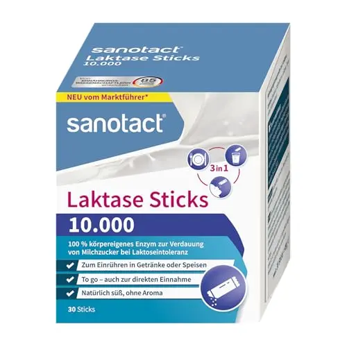 sanotact Laktase Sticks – 30 Sticks für Laktoseintoleranz – Sofortwirkung – ohne Aroma