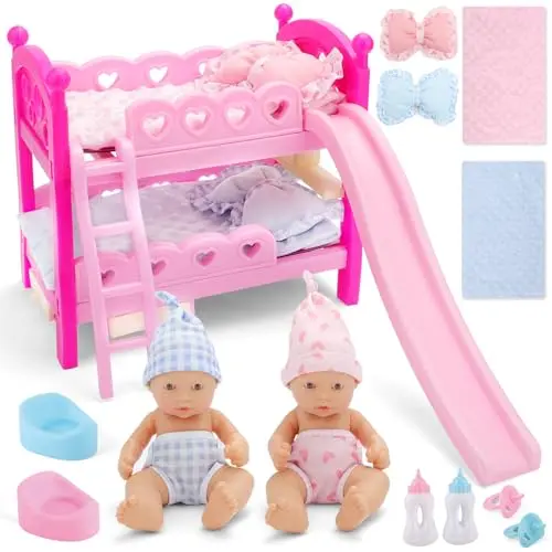 deAO Puppenbett und Zwillingspuppen Set, 13-teiliges Zubehör mit Hochbett, Decke, Kissen und Flasche – Geschenk für Mädchen ab 3 Jahren