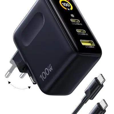Baseus Picogo AI 100W USB C Ladegerät mit Smart Display, 3-in-1 Schnellladung für MacBook, iPhone und Samsung