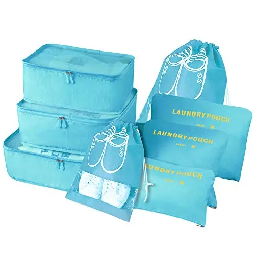 Vicloon Koffer Organizer 8-in-1 Set, wasserdichte Reise-Kleidertaschen, 2 Schuhbeutel, 3 Packwürfel & Beutel, Hellblau