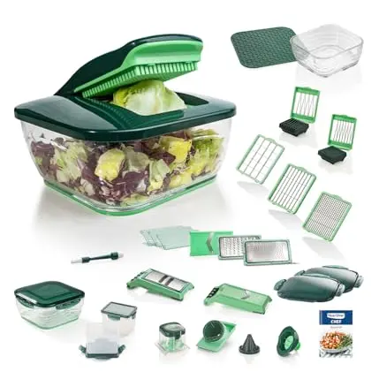 Genius Nicer Dicer Chef 34-in-1 Gemüseschneider mit Glasschale und Tomatenschneider