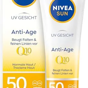 NIVEA SUN UV Gesicht Q10 Anti-Age Sonnenschutz LSF 50 – Feuchtigkeitsspendende Sonnencreme (50 ml)