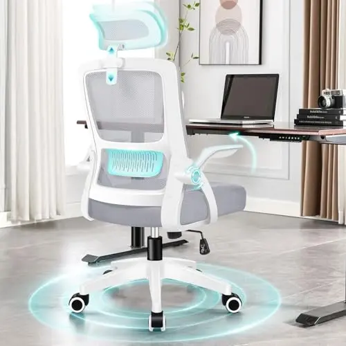ALFORDSON Ergonomischer Büro-Schreibtischstuhl mit Lendenstütze, neigbar, hochklappbare Armlehnen, Weiß/Grau