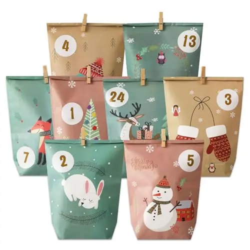 ONBAGLST Adventskalender zum Befüllen mit 24 Geschenktüten und Nummernaufklebern, Weihnachtskalender für Bastelarbeiten.
