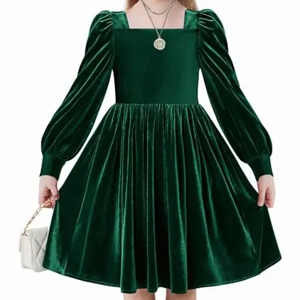 Arshiner Mädchen Samtkleid Elegant mit Quadratischem Kragen und Laternenärmel für Kinder 13-14 Jahre - Grün