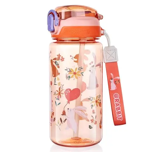 Flintronic 600ml Trinkflasche für Kinder mit Strohhalm, BPA-frei, Auslaufsicher, Blau