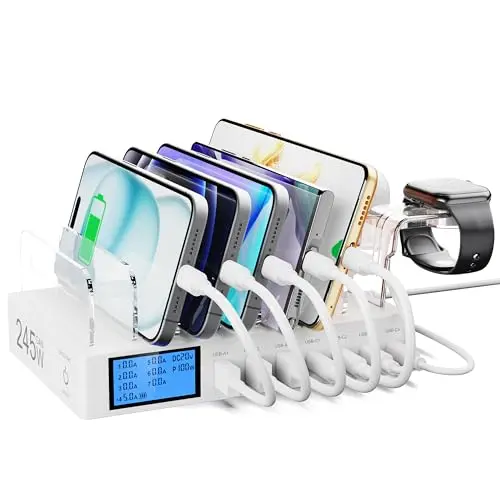 Ladestation 245W 7 Port mit LCD Bildschirm und i-Watch Halterung, USB Ladegerät für Tablet und iPad in Weiß