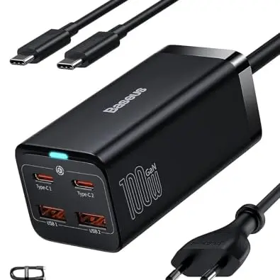 Baseus 100W USB C Ladegerät mit 4 Ports und 1.5m Kabel - Schnellladegerät für MacBook, iPhone und Samsung Galaxy