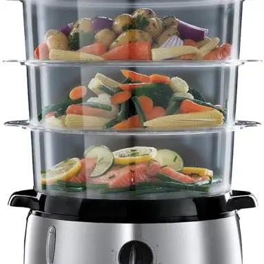 Russell Hobbs Dampfgarer 9,0l mit 60 Minuten Timer, 3 Dampfgarbehälter, Reisschale und 6 Eierhalter