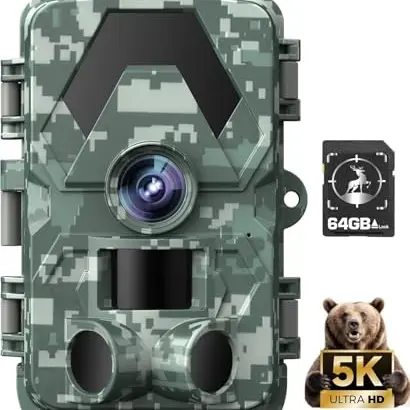 Wildkamera 5K 60MP mit 98FT Weitwinkel und Nachtsicht, IP66 wasserdicht, inkl. 64GB Speicherkarte