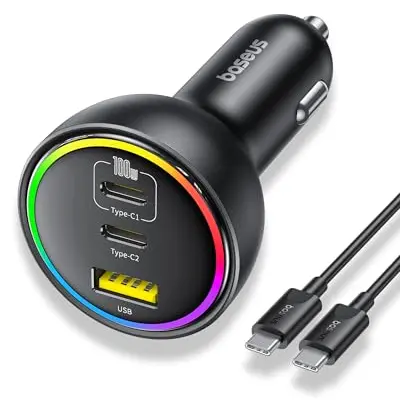 Baseus 152.5W Autoladegerät 3 Ports USB C mit 100W Kabel für MacBook, iPhone 15/16, Samsung S23/S24, iPad und AirPods