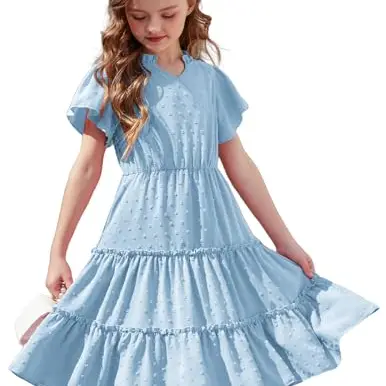 Arshiner Kinderkleid Mädchen Sommer Blau, V-Ausschnitt, Rüschenärmel, Elegant, Partykleid, Kurzarm, Midikleid, 3-4 Jahre
