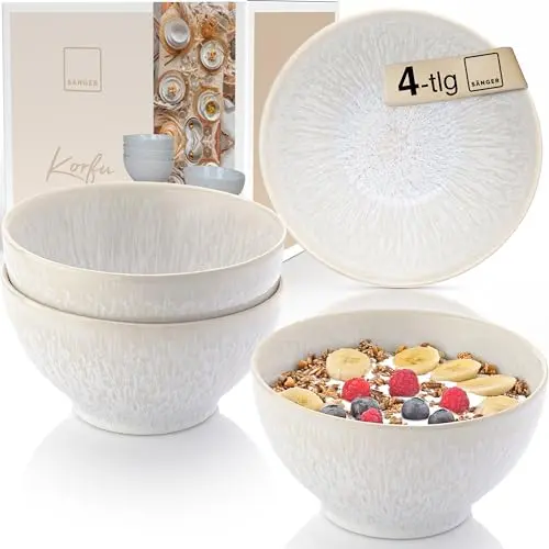 Sänger Korfu Schüssel Set 4-teilig, spülmaschinen- & mikrowellenfeste Müslischalen in Creme mit sandiger Maserung