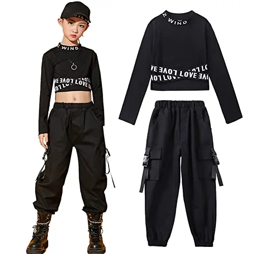 Mädchen Trainingsanzug Hip Hop 2-teilig, Crop Top & Cargohose, Street Dance Outfit, Frühling/Sommer, Schwarz, 152-158