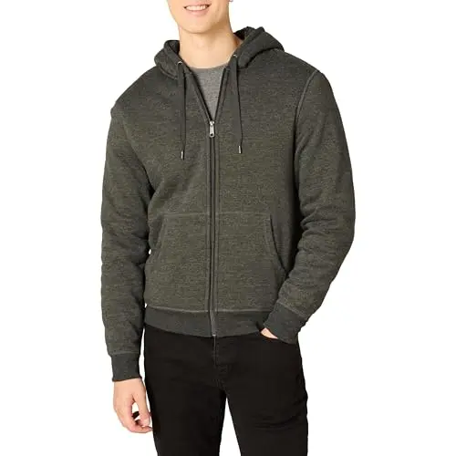 Amazon Essentials Herren-Teddyjacke mit Sherpa-Futter und Kapuze, dunkelgrau meliert, M