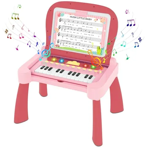 4-in-1 Interaktiver Spieltisch für Kinder – Lernspielzeug mit Karten und Klavier für 3-6 Jahre (Rosa)