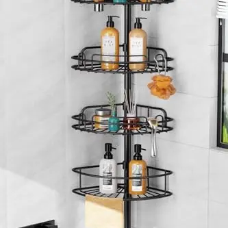 HAMITOR Teleskop Duschablage ohne Bohren – 4-stufiges, rutschfestes Duschregal für Shampoo und Seife, verstellbar von 121-314 cm, Schwarz