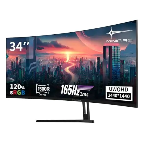 Minifire 34" UWQHD Curved Gaming Monitor 165Hz, 3440 x 1440, 1ms MPRT, FreeSync, HDR